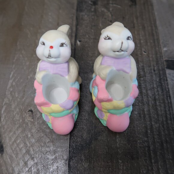 Pair of Porcelain Easter Bunny Candlestick Holders Vintage Easter Egg Rabbit - Picture 3 of 5